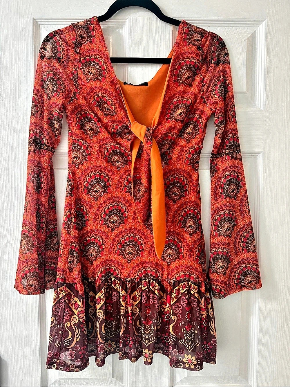 SHEIN Bohemian Style V-Neck Paisley Print A-Line Mini Dress Orange & Red Small